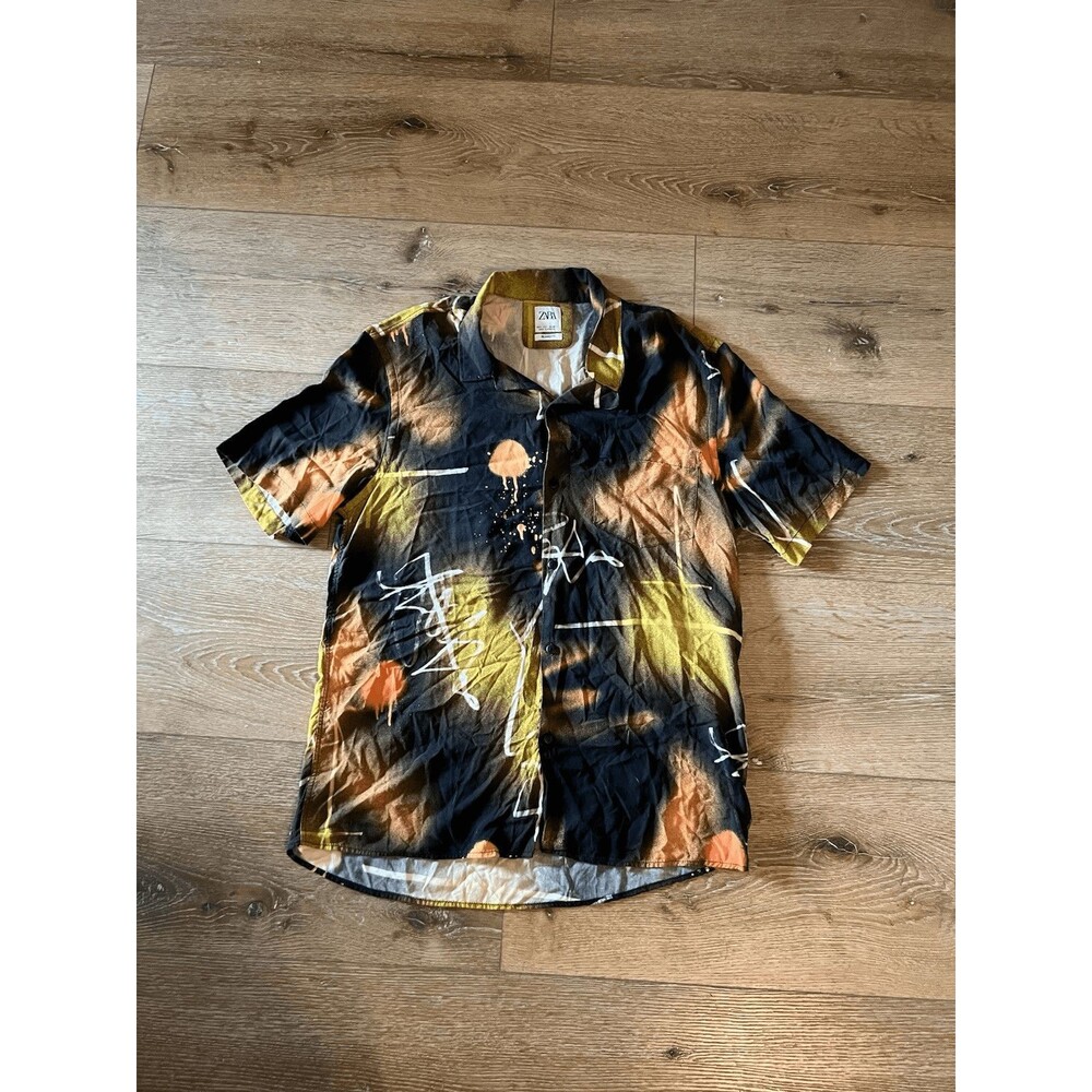 Zara Mens Multicolor Short Sleeve Button Up Graffiti Pattern Shirt Size Large